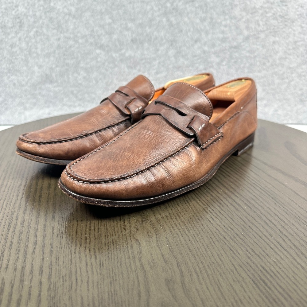 Santoni Penny Loafers Mens 10.5D Brown Leather Slip On Shoes Made in Italy